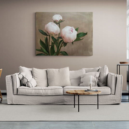 Peonías en tonos suaves sobre fondo neutro