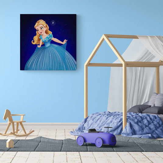 Cuadro decorativo de princesa con vestido azul brillante en fondo estrellado – arte infantil elegante para habitación de niña