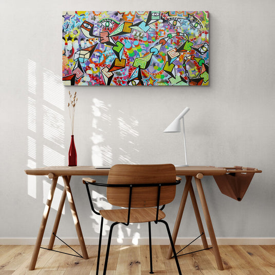 Pintura abstracta y colorida con motivos pop art, ojos y figuras geométricas.