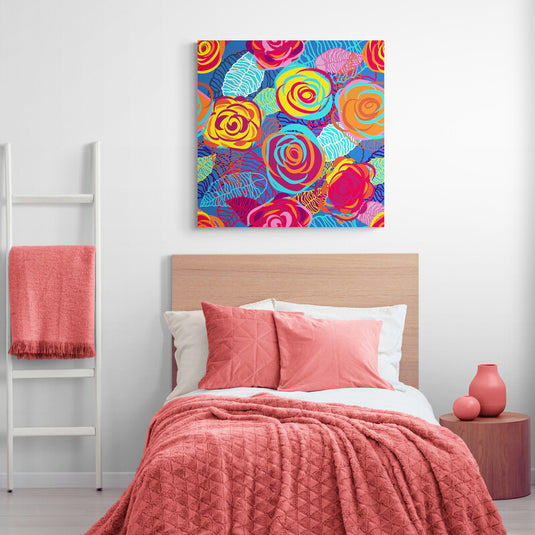 Explosión de rosas multicolor sobre fondo azul