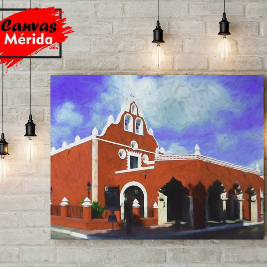 Iglesia roja colonial con cielo azul pintoresco