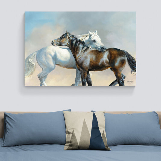 Pintura de Dos Caballos en un Momento de Complicidad