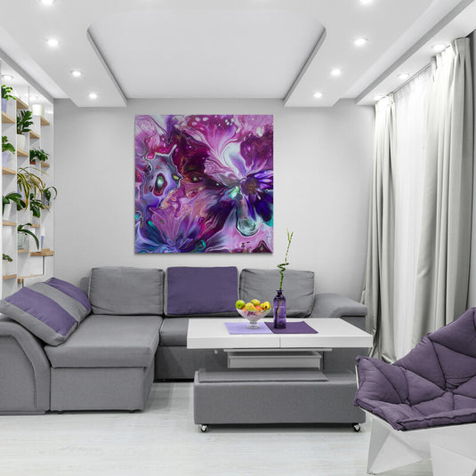cuadro abstracto púrpura y fucsia con efecto explosión – arte moderno decorativo para sala con acentos en violeta