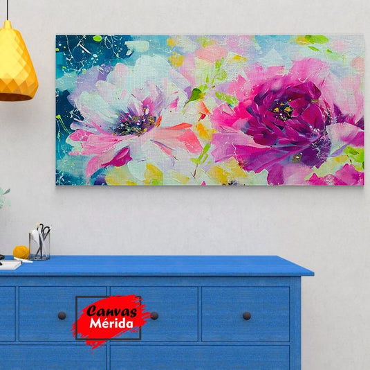 Pintura de peonías rosadas y blancas en fondo azul