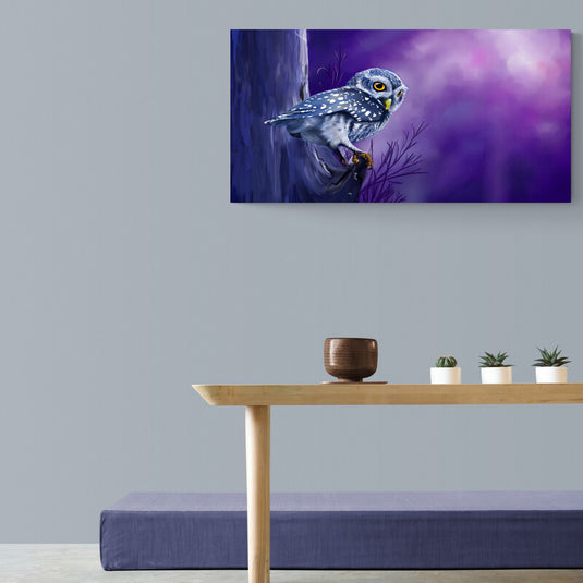 Cuadro decorativo: Búho en tronco sobre fondo morado