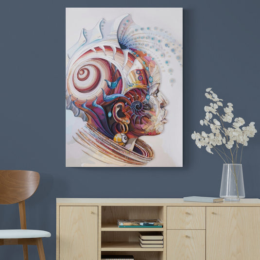 Obra de arte en quilling con perfil femenino en colores vibrantes y diseño tridimensional