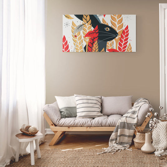 Conjunto artístico de conejo negro entre hojas rojas y doradas