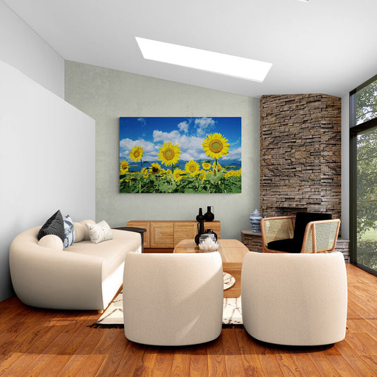 Campo de girasoles bajo cielo azul con nubes