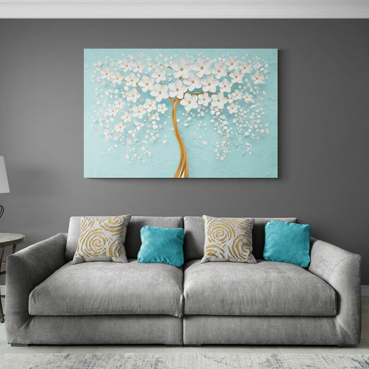 Cuadro_decorativo_fondo_turquesa_claro_tronco_amarillo_dorado_hojas_flores_blancas