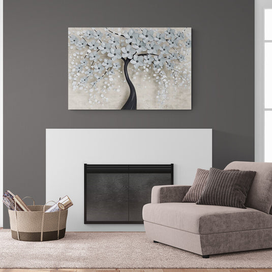 Cuadro_decorativo_fondo_crema_árbol_tronco_café_oscuro_hojas_flores_grises