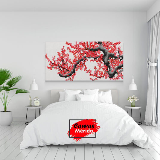 Cuadro decorativo de árbol con hojas rojas sobre fondo blanco