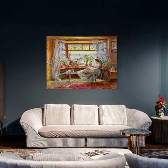 Mujer leyendo ventana mar perro pintura interior