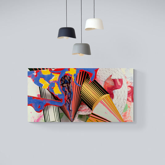 Cuadro abstracto geométrico y expresivo titulado "Reconstruction", con conos rayados en negro y amarillo, y manchas de color azul, rojo y rosa sobre fondo claro.