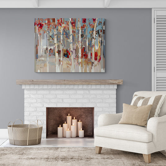 Cuadro decorativo minimalista y abstracto con fondo beige, troncos destacados, hojas rojas y sección en azul.