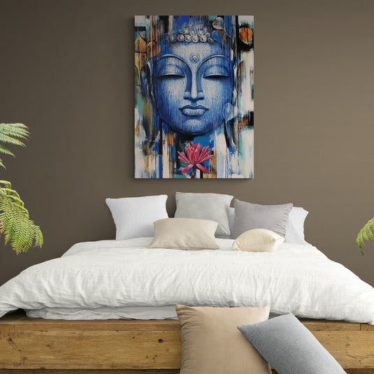 Rostro de Buda azul con loto rosa