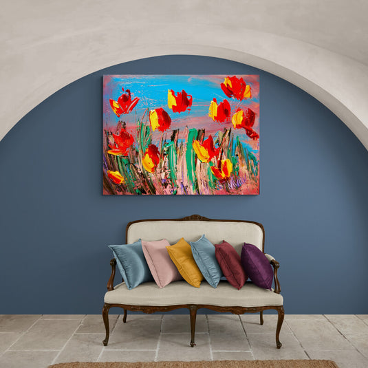 Vibrantes tulipanes rojos y amarillos en prado pintura al óleo