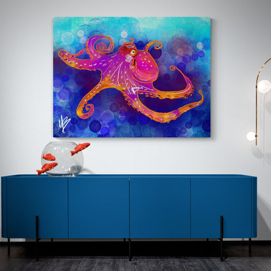 Ilustración digital de un pulpo púrpura y naranja en un fondo azul con burbujas