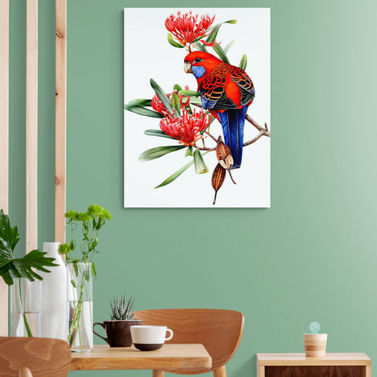 Cuadro Decorativo con Canario Rojo y Azul en Rama de Flores Rojas y Hojas Verdes sobre Fondo Blanco