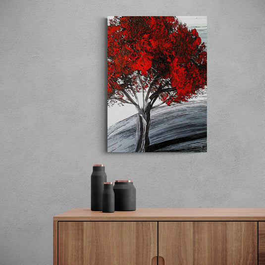 Arte Decorativo Contraste - Árbol con Hojas Rojas Sobre Fondo de Gradiente Blanco y Negro