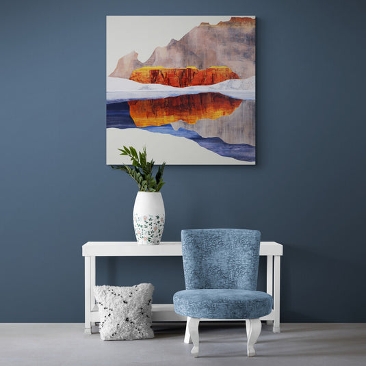 Cuadro de paisaje con montañas rojas reflejadas en el agua, arte moderno para decoración elegante y sofisticada.