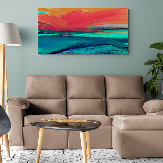 Cuadro abstracto con intensos tonos de coral en el cielo y turquesa en el mar