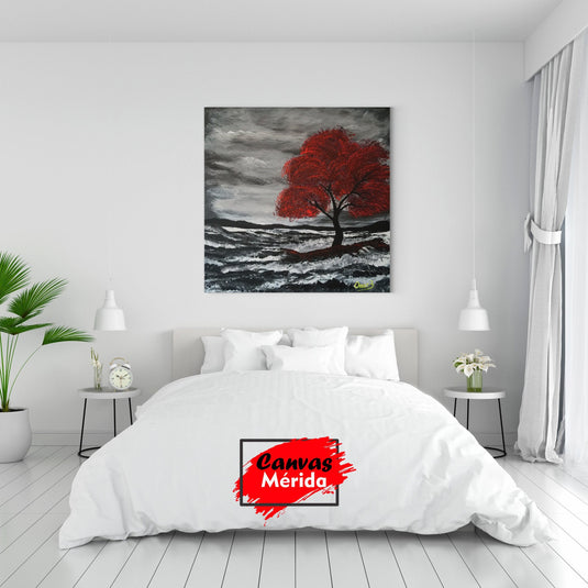 Cuadro Decorativo: Árbol Frondoso con Hojas Rojas en Blanco y Negro