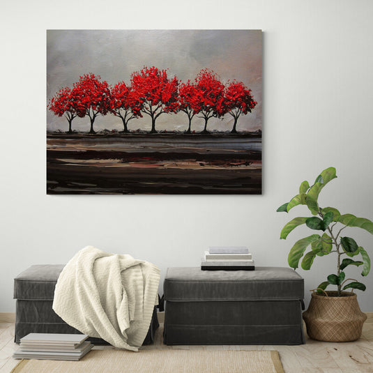 Paisaje Decorativo - Carretera con Siete Árboles de Hojas Rojas en Fondo de Tonos Cafés y Grises