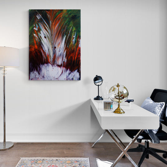 Abstracto cromático con fusiones de rojo, blanco, verde y toques de negro en composición artística.