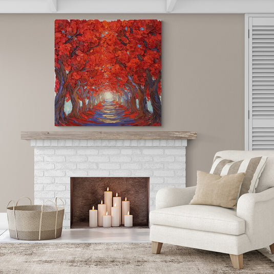 Cuadro decorativo de pintura: Camino rodeado de árboles con hojas rojas."