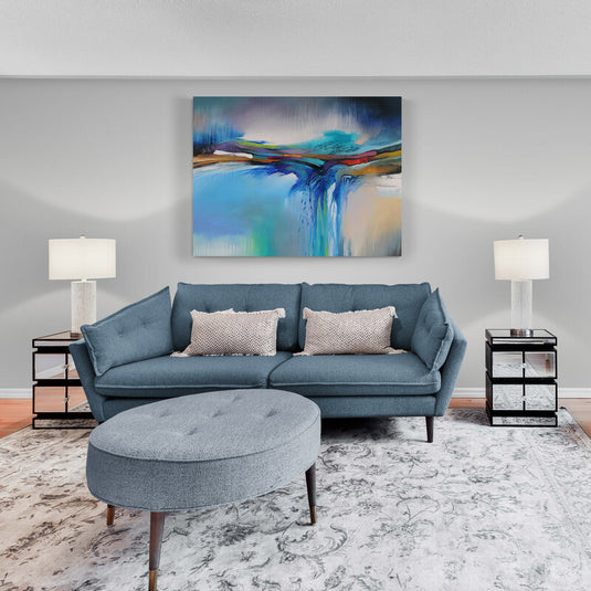 Cuadro abstracto grande en tonos azul y turquesa con pinceladas vibrantes, estilo moderno para decoración contemporánea.