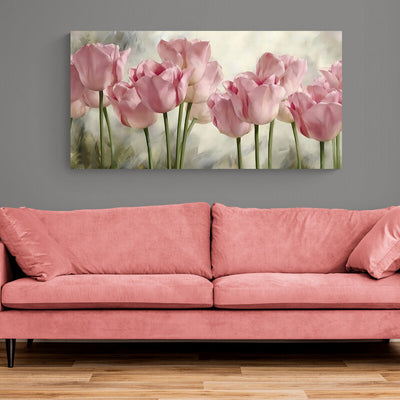 Pintura de tulipanes rosados con efecto suave y tonos pastel.