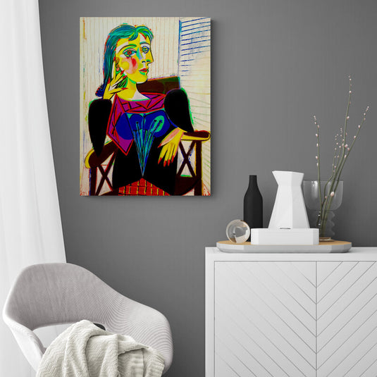 Pintura cubista de mujer sentada en tonos vivos