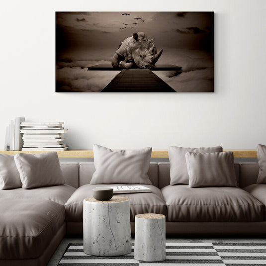 Pintura surrealista de rinoceronte en las nubes