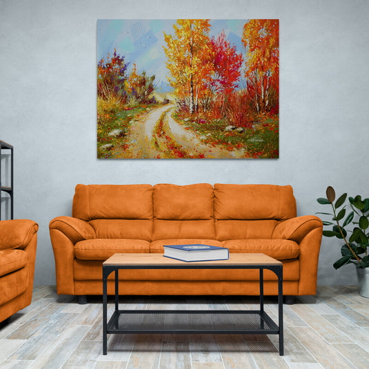 Cuadro_decorativo_camino_rústico_árboles_sensación_otoño_hojas_amarillas_naranjas_rojas_toques_verdes