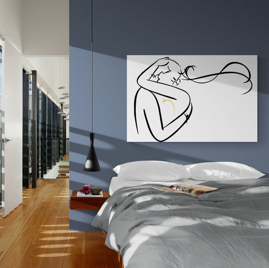 Arte minimalista de siluetas humanas entrelazadas en líneas negras con acentos de color sobre fondo neutro, evocando romanticismo y elegancia moderna.