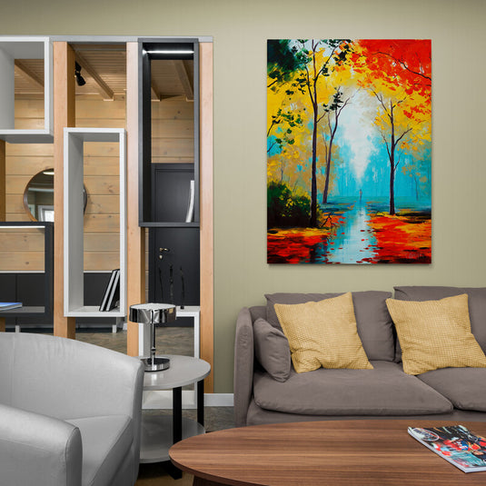 Cuadro_Decorativo_Camino_Lluvia_Reflejo_Agua_Hojas_Mojadas_Rojo_Naranja_Silueta_Hombre_Arboles_Hojas_Amarillo_Verde_Azul