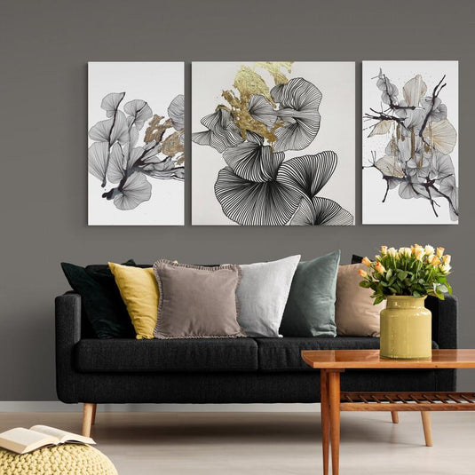 Set de 3 cuadros abstractos modernos lineales con detalles dorados