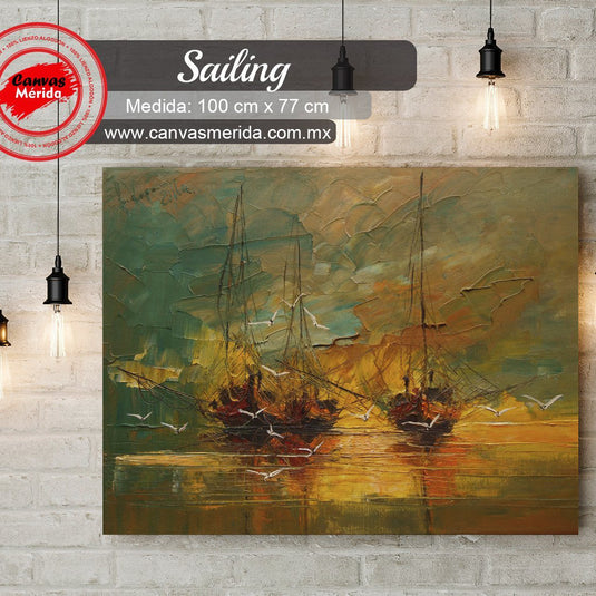 Cuadro decorativo de dos barcos café con fondo de tonos naranja, amarillo y verde, acompañados por gaviotas blancas sutiles