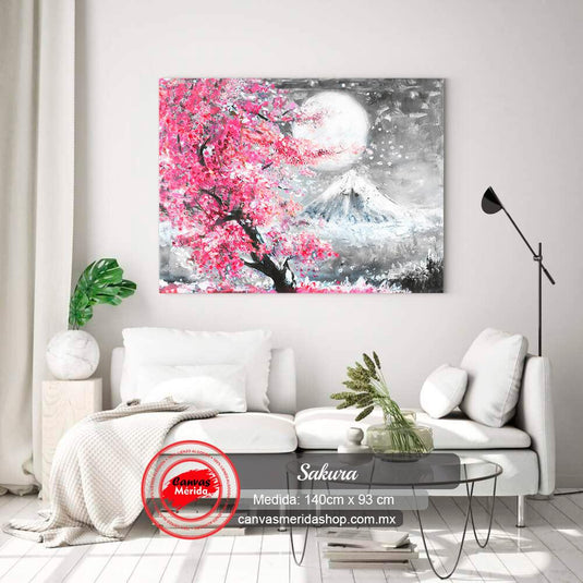 Paisaje nocturno con cerezo en flor y luna llena