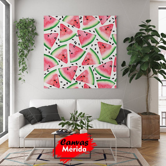 Patrón acuarelado de rebanadas de sandía con semillas sobre fondo blanco