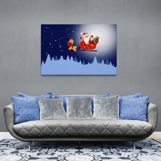 Santa Claus y Rodolfo sobrevolando bosque nevado en trineo cargado de regalos bajo luna estrellada