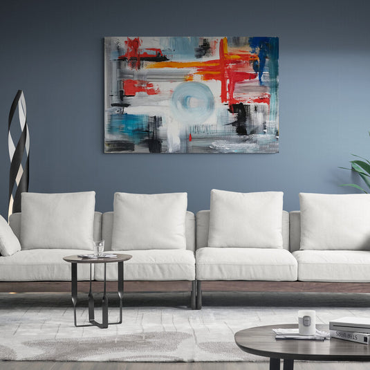 Pintura abstracta con formas geométricas y colores rojo, azul y blanco.