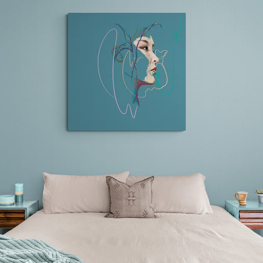 Cuadro decorativo Scars – arte lineal contemporáneo con rostro femenino y fondo azul petróleo para decoración moderna y emocional