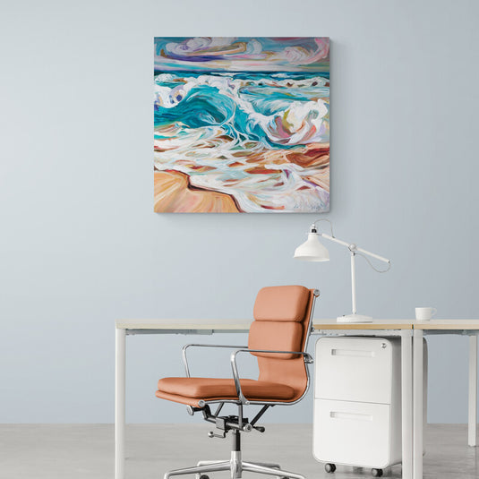 Pintura al óleo de una ola en colores vivos