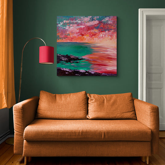 Pintura al óleo de un amanecer vibrante con cielo carmesí y mar esmeralda