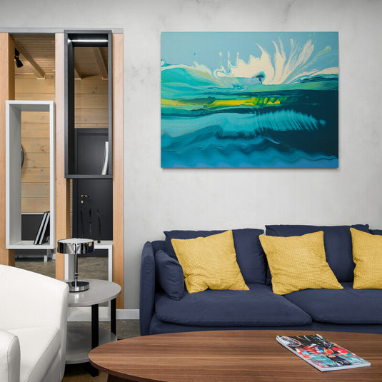 Pintura abstracta de paisaje marino en azules y verdes