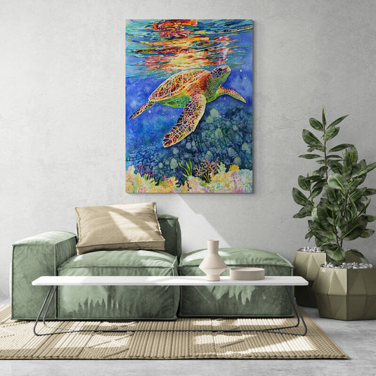 Pintura detallada de una tortuga marina sobre un fondo de arrecife de coral colorido