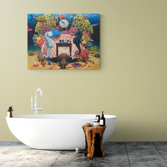 Pintura surrealista con elementos marinos y reloj flotante.