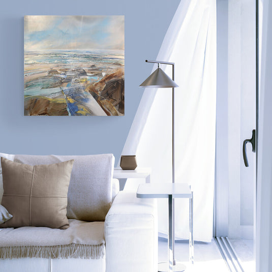 Cuadro abstracto de paisaje costero con tonos azules y tierra, ideal para decoración minimalista y ambientes relajantes con inspiración marítima.