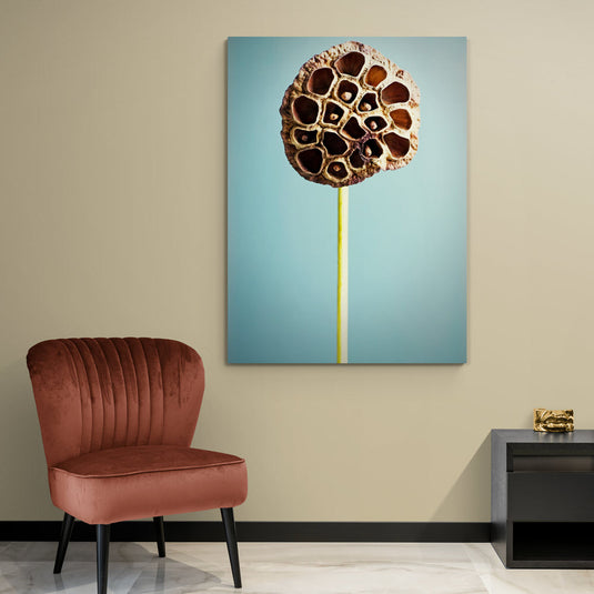 Vaina de semillas secas en primer plano con fondo azul claro